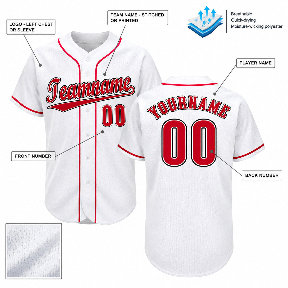 Custom White Baseball Jersey with Red and Black Lettering customization guide