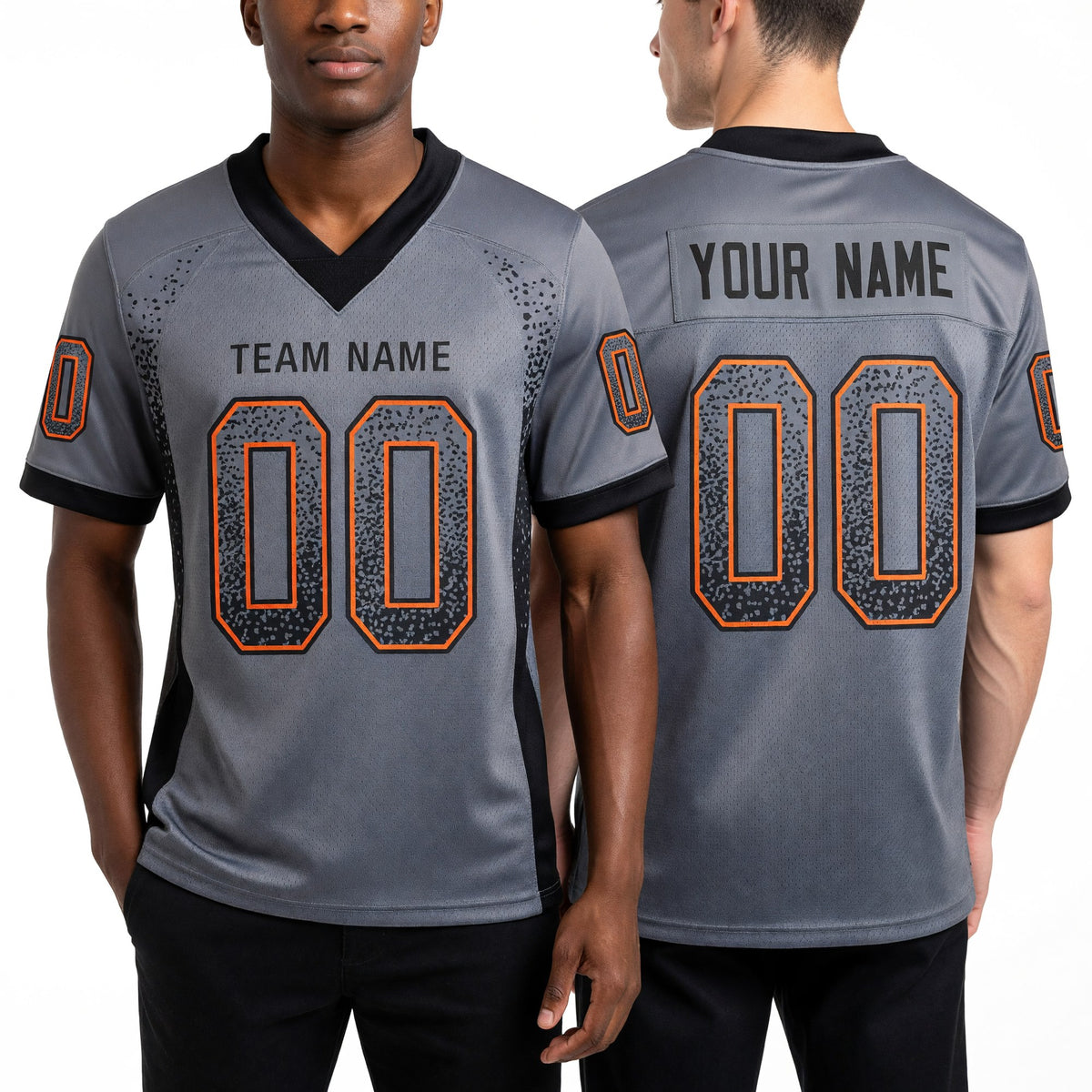 Custom Gray Black-Orange Drift Fashion Football Jersey worn front and back