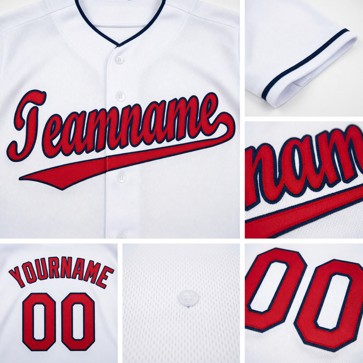 Custom White Red-Navy Baseball Jersey detail