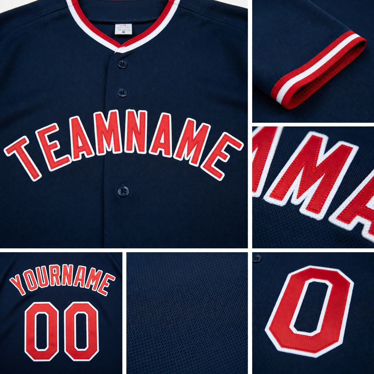 Custom Navy Red-White Baseball Jersey detail