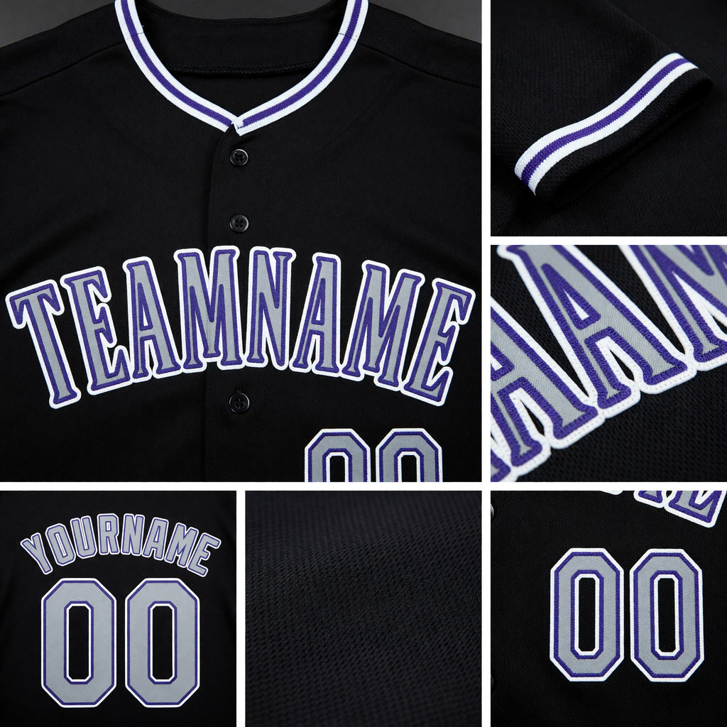Custom Black Gray-Purple Baseball Jersey detail