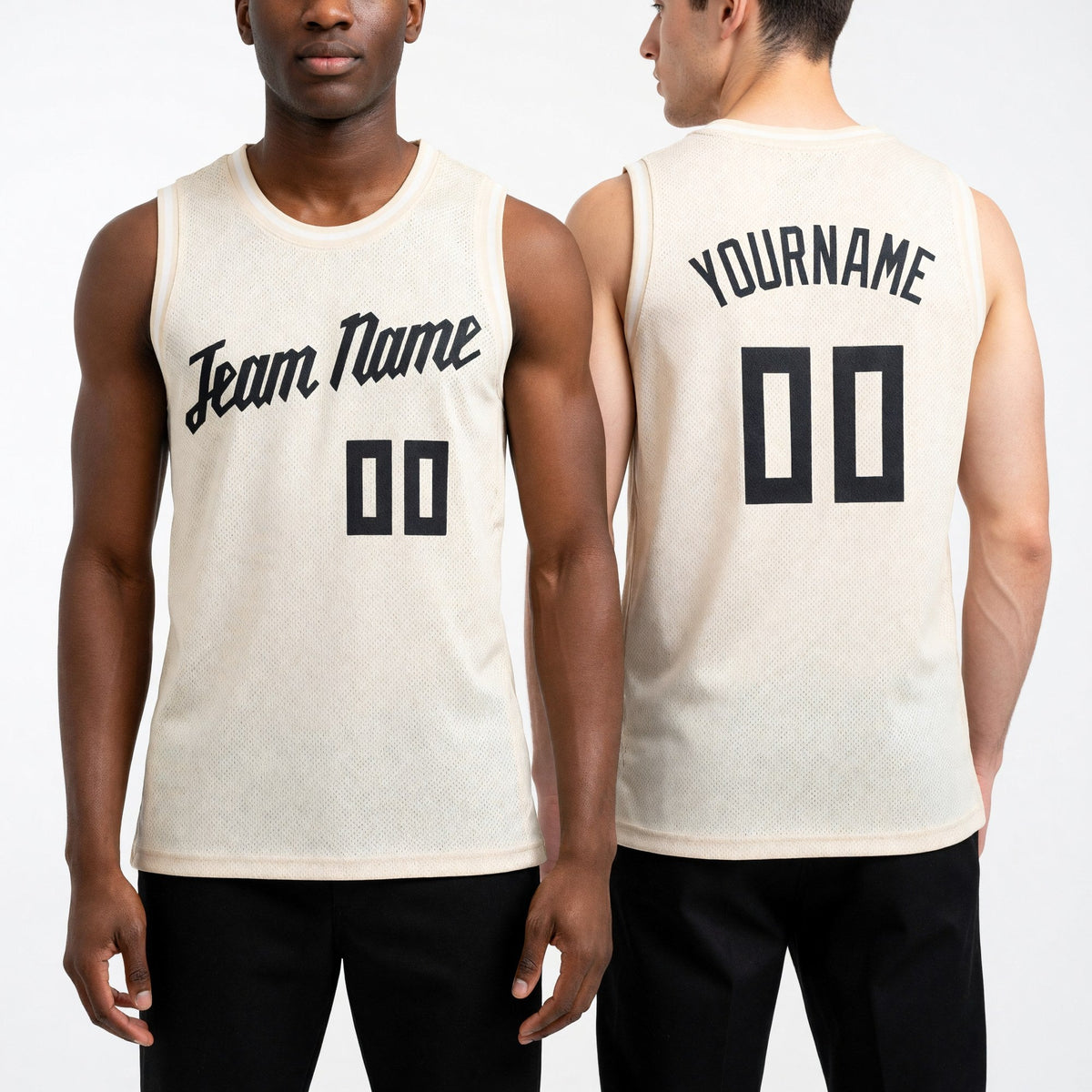 Custom Cream Black Round Neck Basketball Uniform Jersey worn front and back