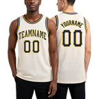 Custom Cream Navy-Gold Round Neck Rib-Knit Basketball Jersey worn front and back