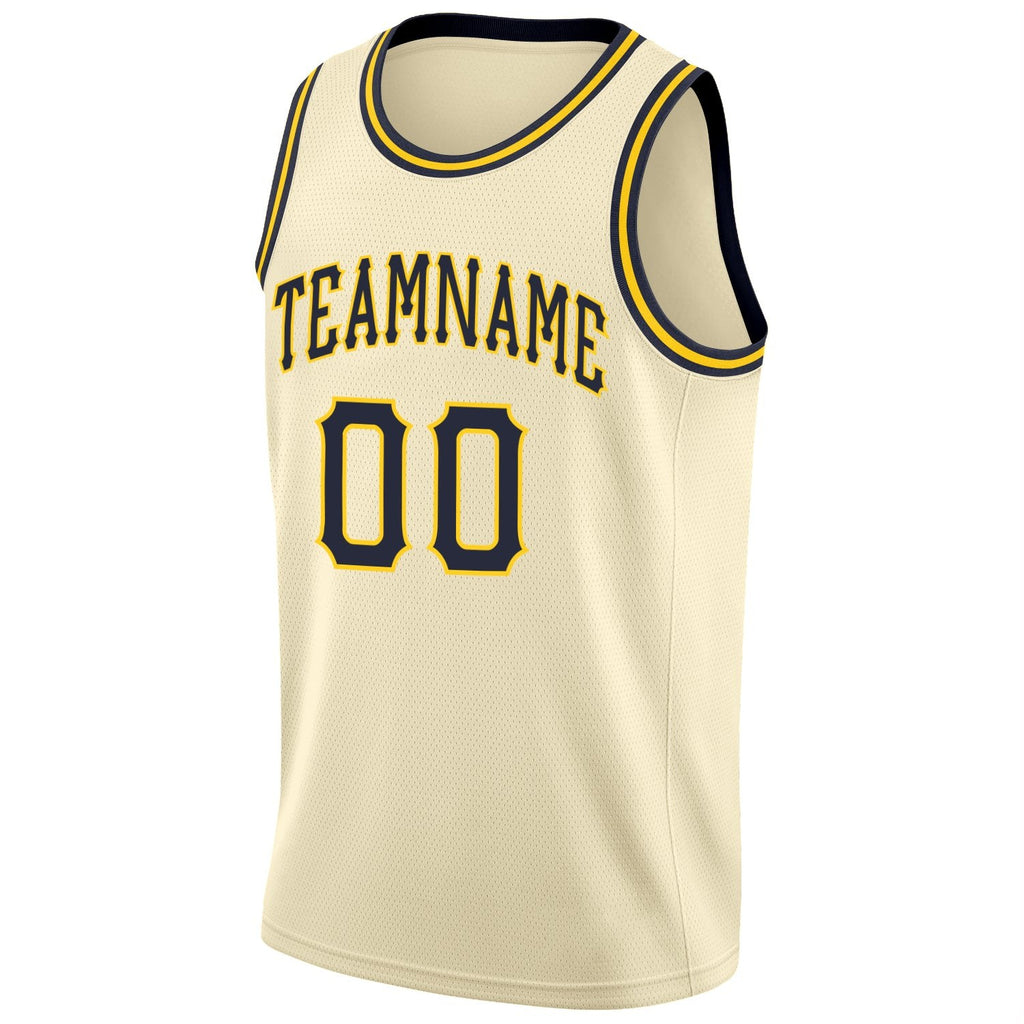 Custom Cream Navy-Gold Round Neck Rib-Knit Basketball Jersey photo 4