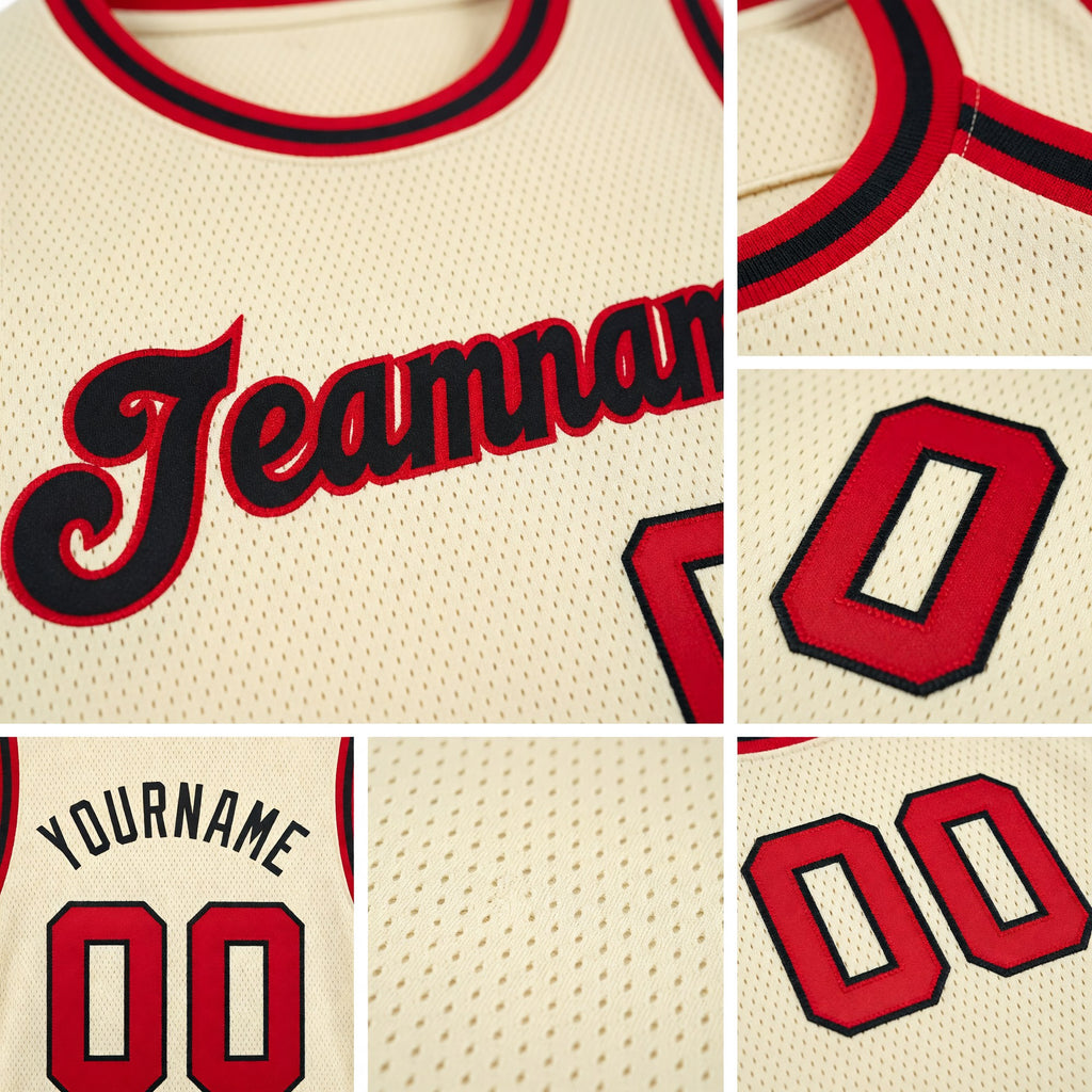 Custom Cream Red-Black Round Neck Rib-Knit Basketball Jersey detail