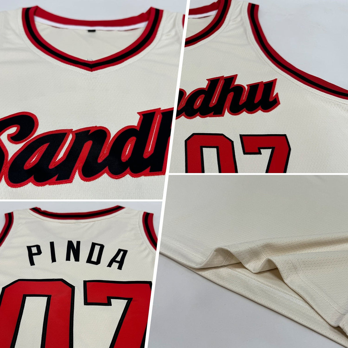 Custom Cream Red-Black Round Neck Rib-Knit Basketball Jersey photo 2