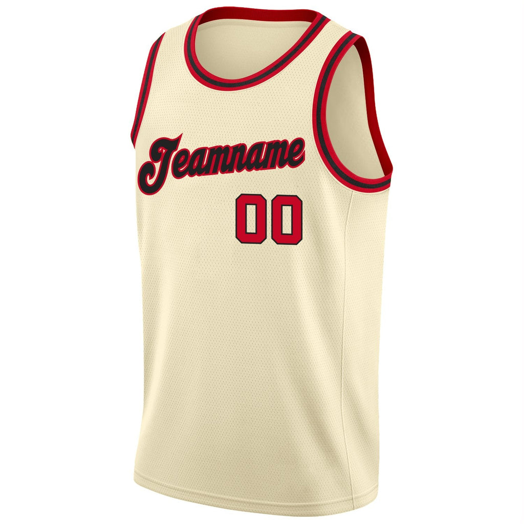 Custom Cream Red-Black Round Neck Rib-Knit Basketball Jersey photo 5