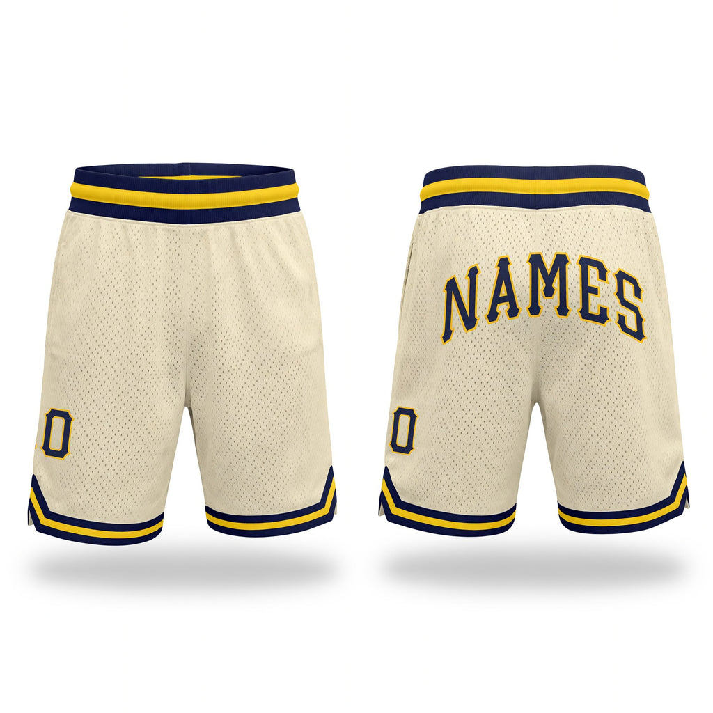 Custom Cream Navy-Gold Authentic Throwback Basketball Shorts