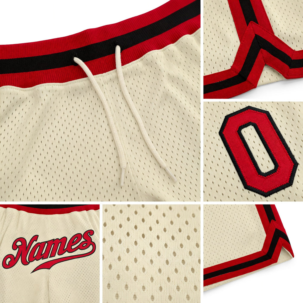 Custom Cream Red-Black Authentic Throwback Basketball Shorts detail