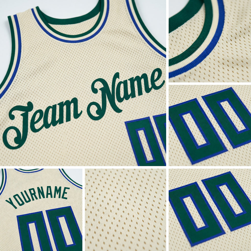 Custom Cream Hunter Green-Royal Authentic Throwback Basketball Jersey detail