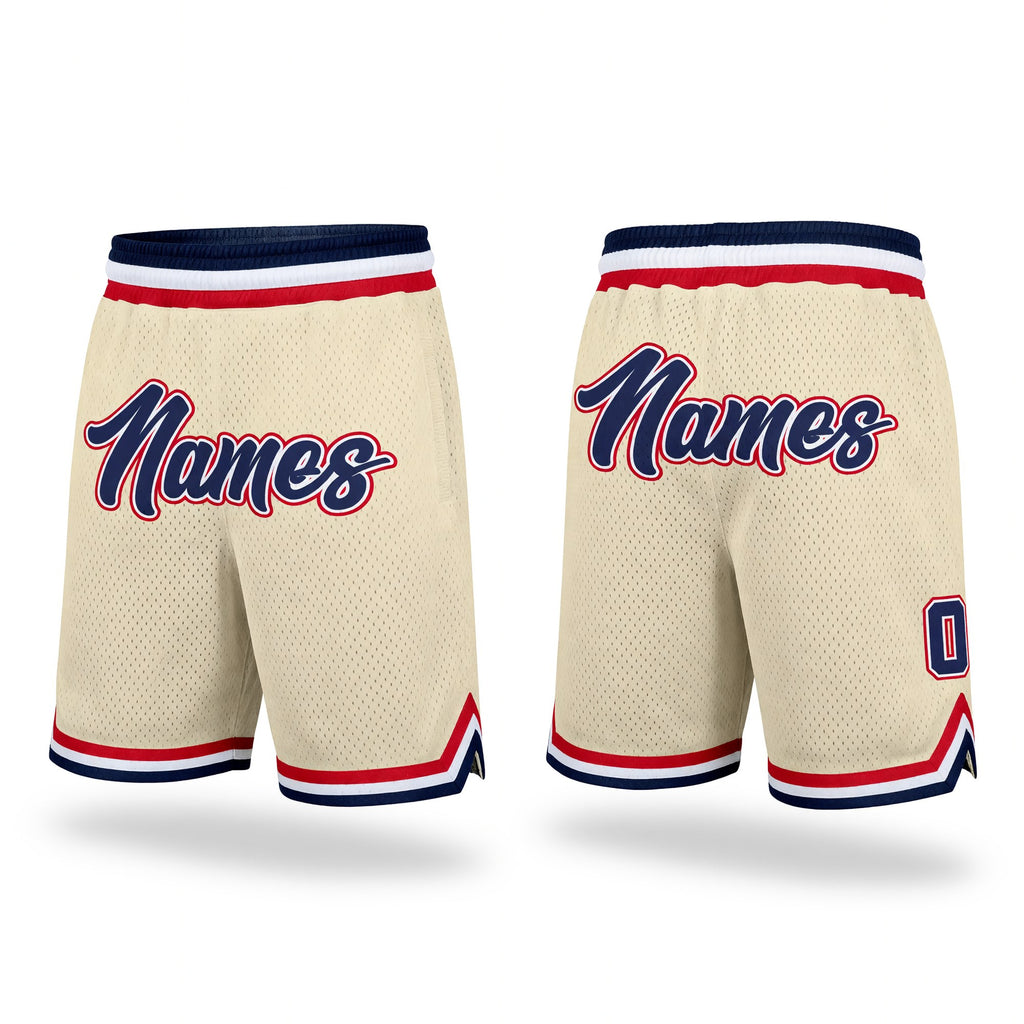Custom Cream Navy-Red Authentic Throwback Basketball Shorts
