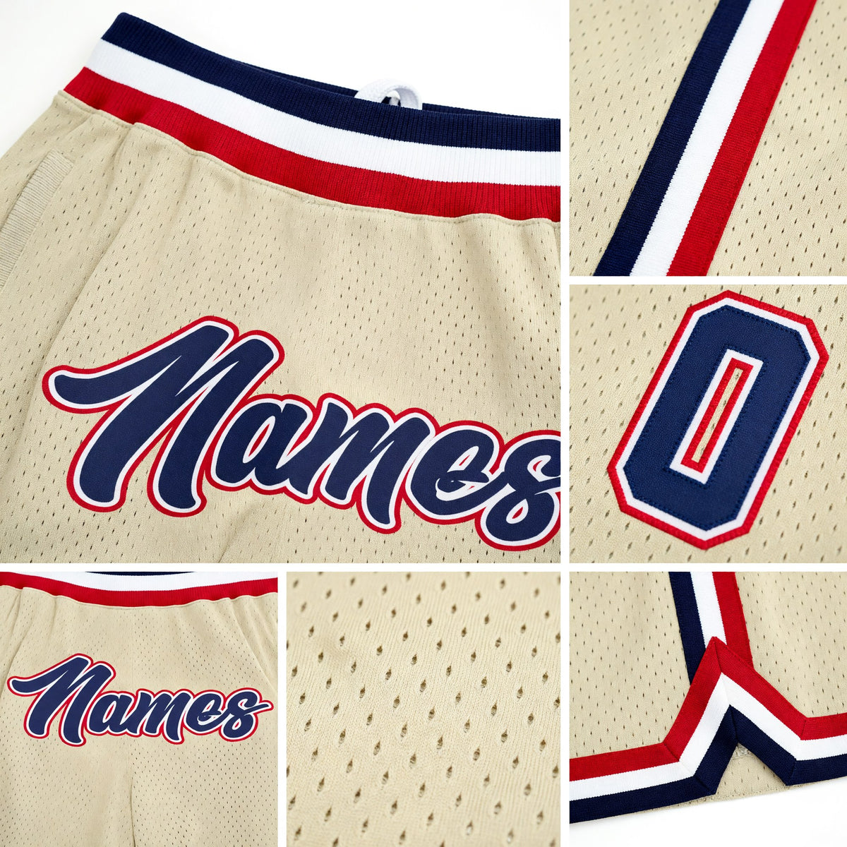 Custom Cream Navy-Red Authentic Throwback Basketball Shorts detail
