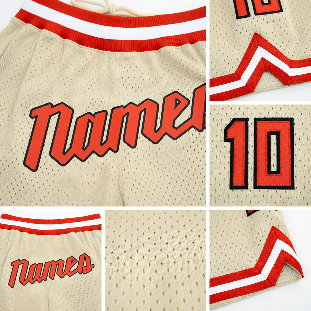 Custom Cream Orange-White Authentic Throwback Basketball Shorts detail
