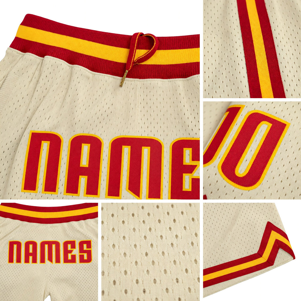Custom Cream Red-Gold Authentic Throwback Basketball Shorts detail