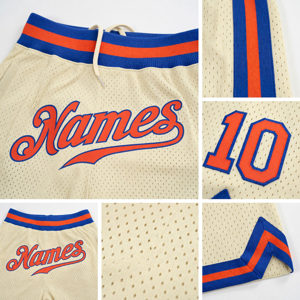 Custom Cream Orange-Royal Authentic Throwback Basketball Shorts detail