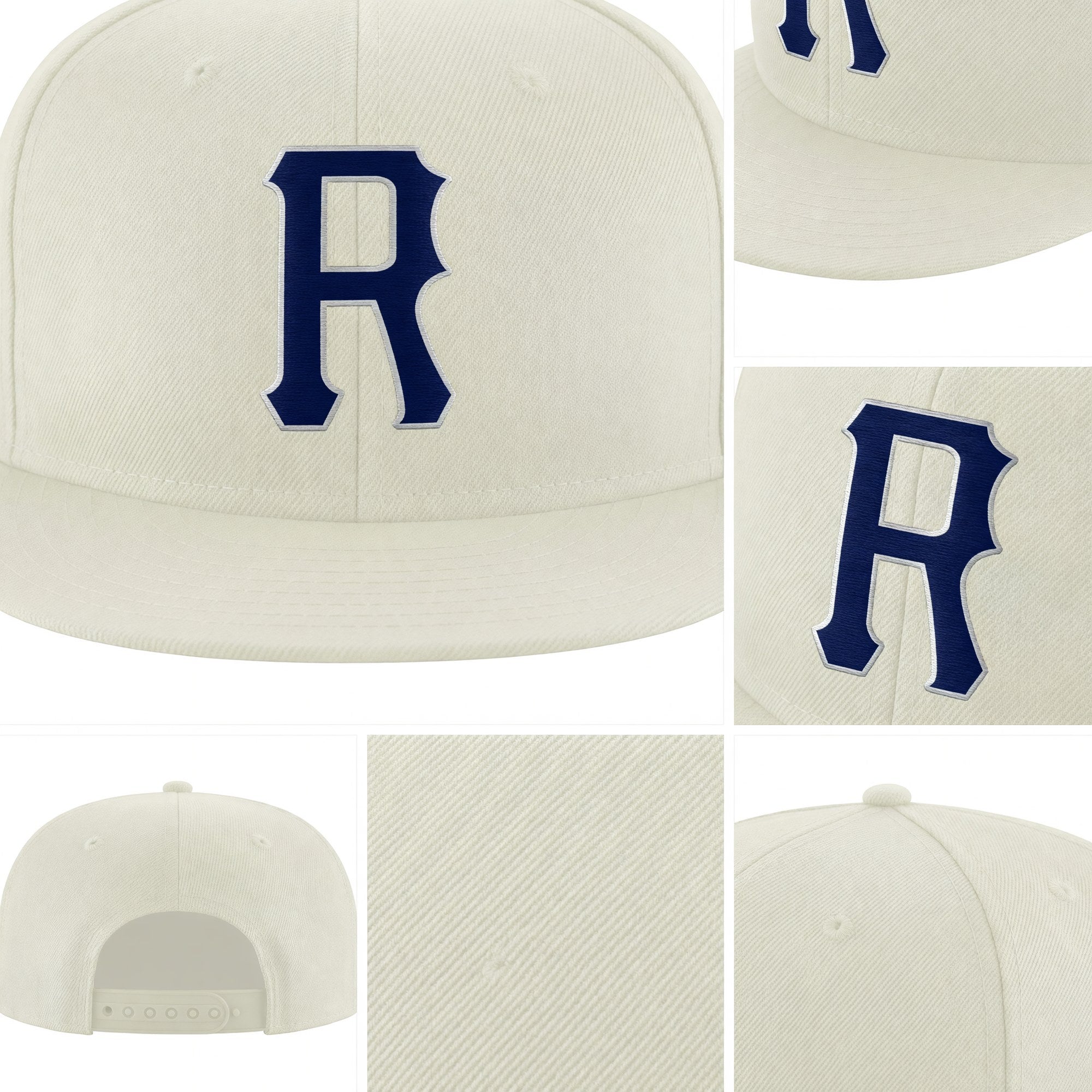 Custom Cream Navy-Gray Stitched Adjustable Snapback Hat detail