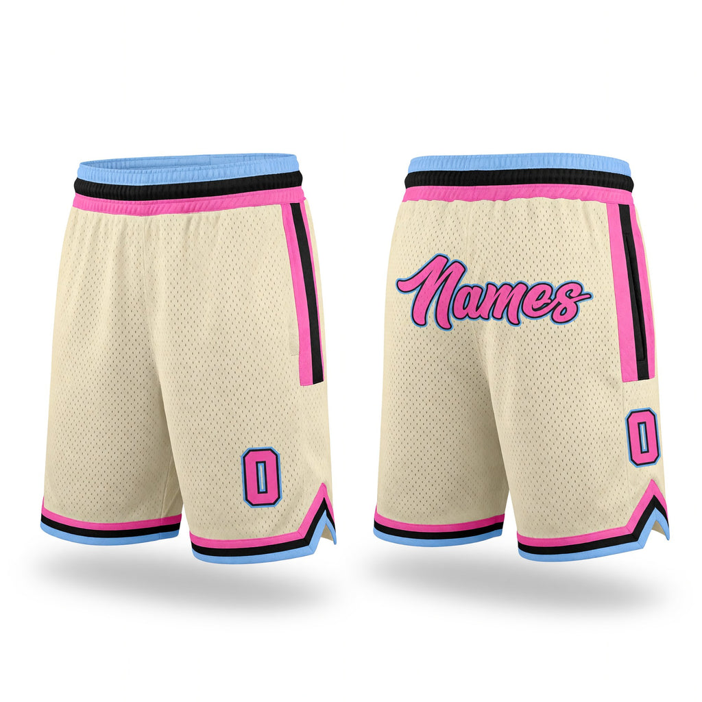 Custom Cream Pink-Light Blue Authentic Throwback Basketball Shorts