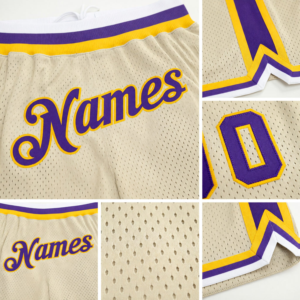 Custom Cream Purple-Gold Authentic Throwback Basketball Shorts detail