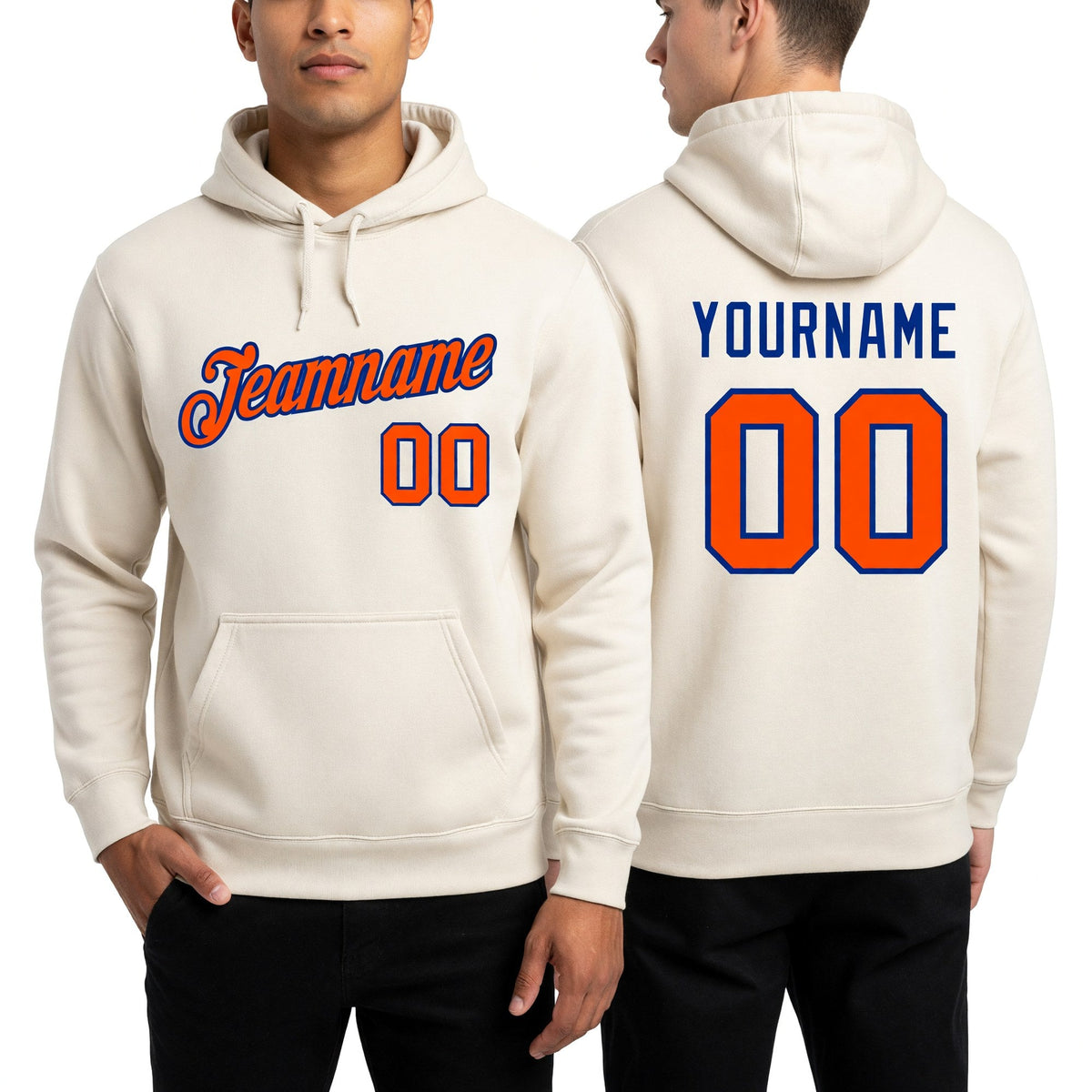 Custom Stitched Cream Orange-Royal Sports Pullover Sweatshirt Hoodie worn front and back