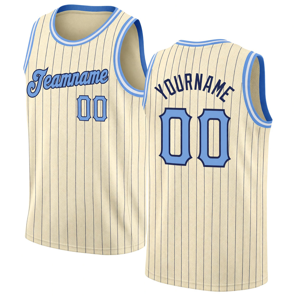Custom Cream Navy Pinstripe Light Blue-Black Authentic Basketball Jersey
