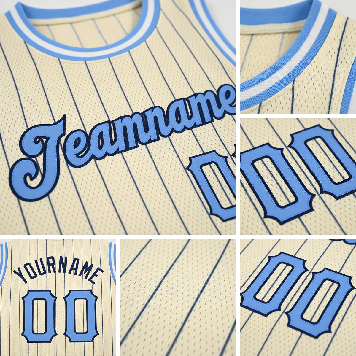 Custom Cream Navy Pinstripe Light Blue-Black Authentic Basketball Jersey detail