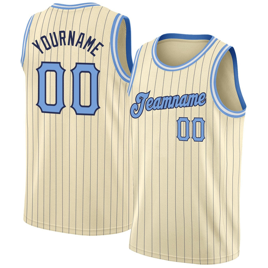 Custom Cream Navy Pinstripe Light Blue-Black Authentic Basketball Jersey photo 1