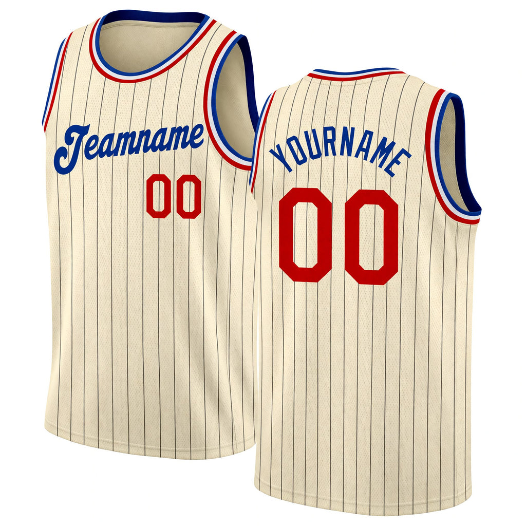 Custom Cream Black Pinstripe Red-Royal Authentic Basketball Jersey