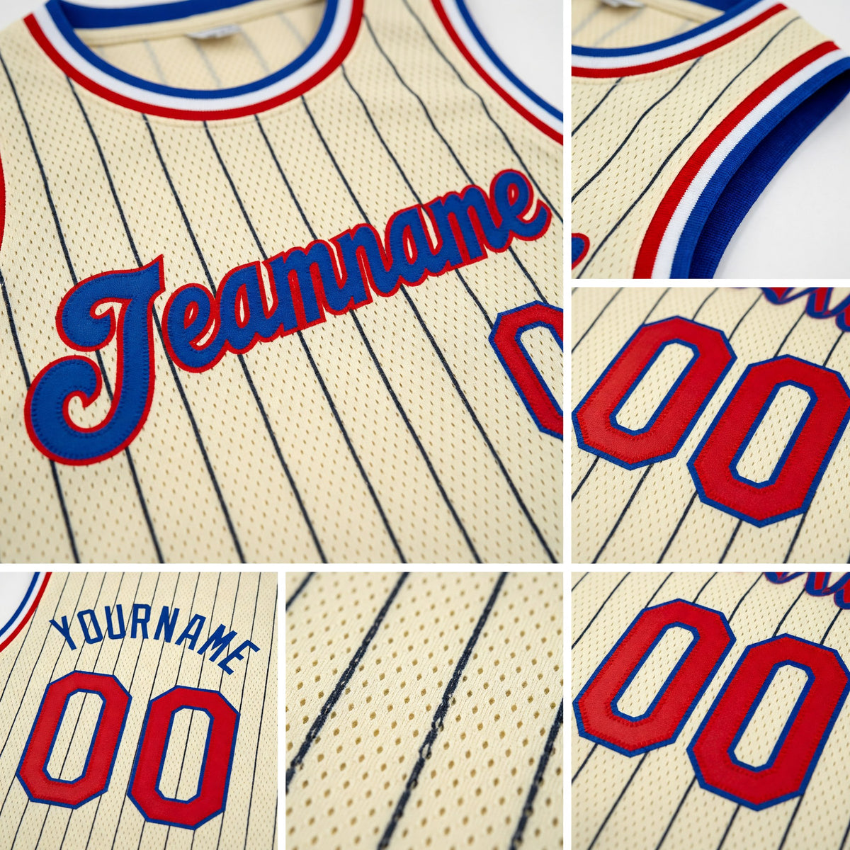 Custom Cream Black Pinstripe Red-Royal Authentic Basketball Jersey detail