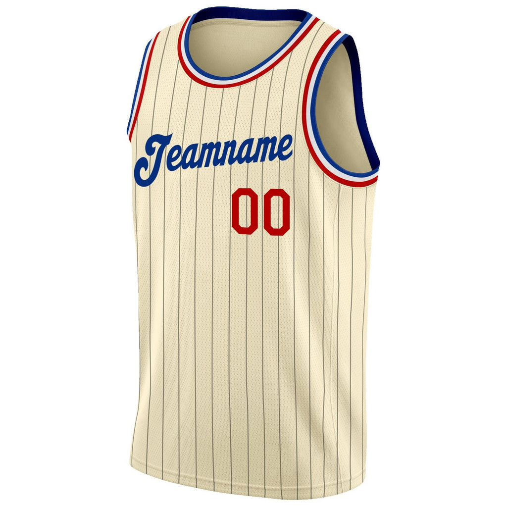 Custom Cream Black Pinstripe Red-Royal Authentic Basketball Jersey photo 4