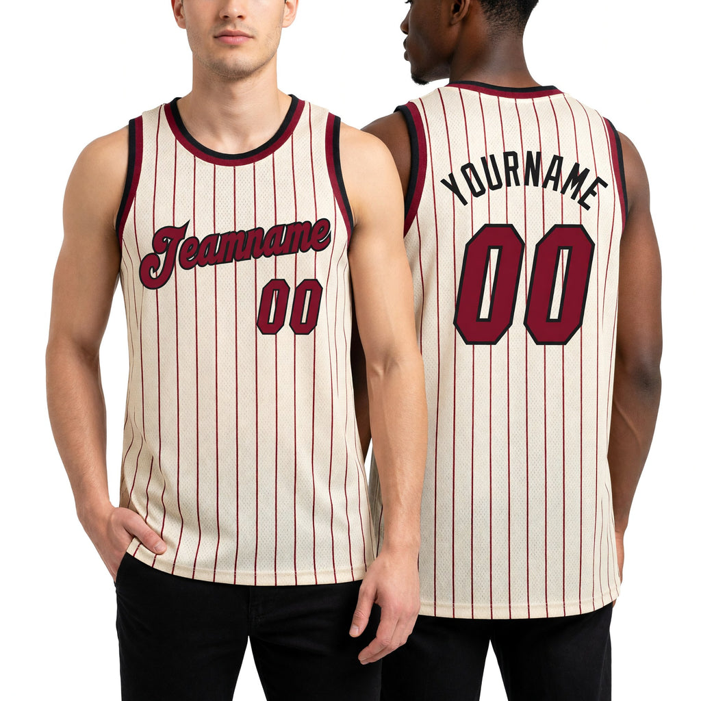 Custom Cream Black Pinstripe Maroon-Black Authentic Basketball Jersey worn front and back