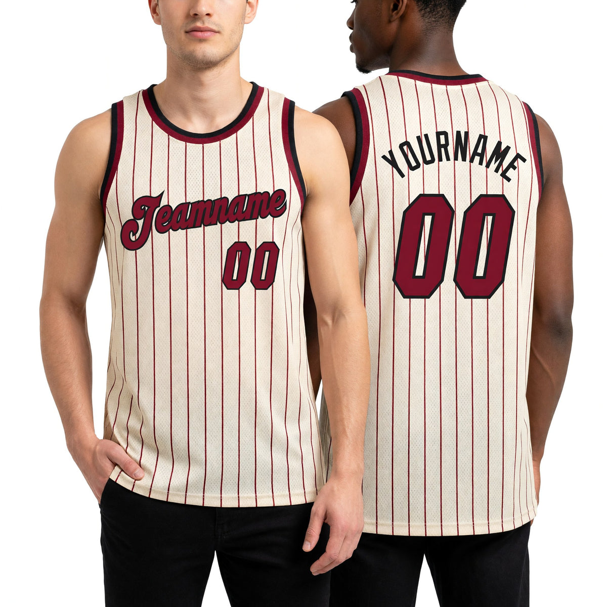 Custom Cream Black Pinstripe Maroon-Black Authentic Basketball Jersey worn front and back