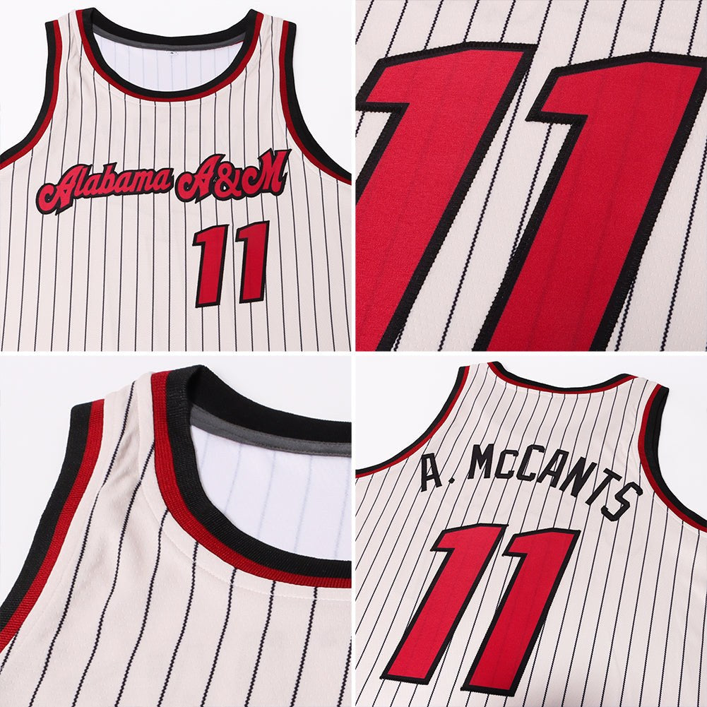 Custom Cream Black Pinstripe Maroon-Black Authentic Basketball Jersey photo 6