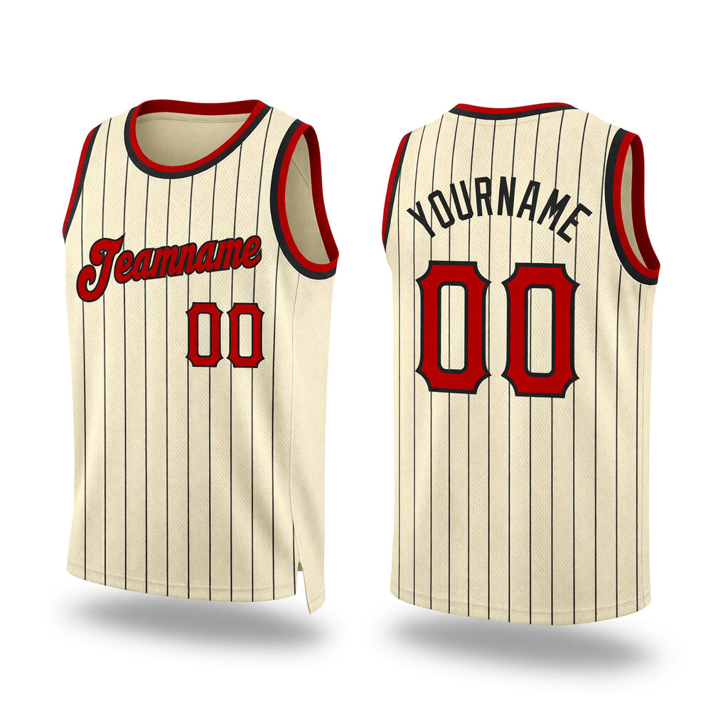 Custom Cream Black Pinstripe Red-Black Authentic Basketball Jersey