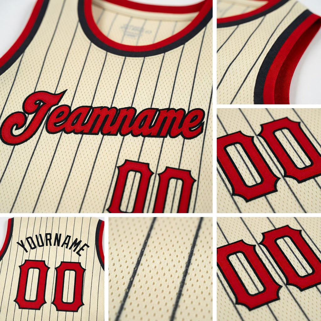 Custom Cream Black Pinstripe Red-Black Authentic Basketball Jersey detail