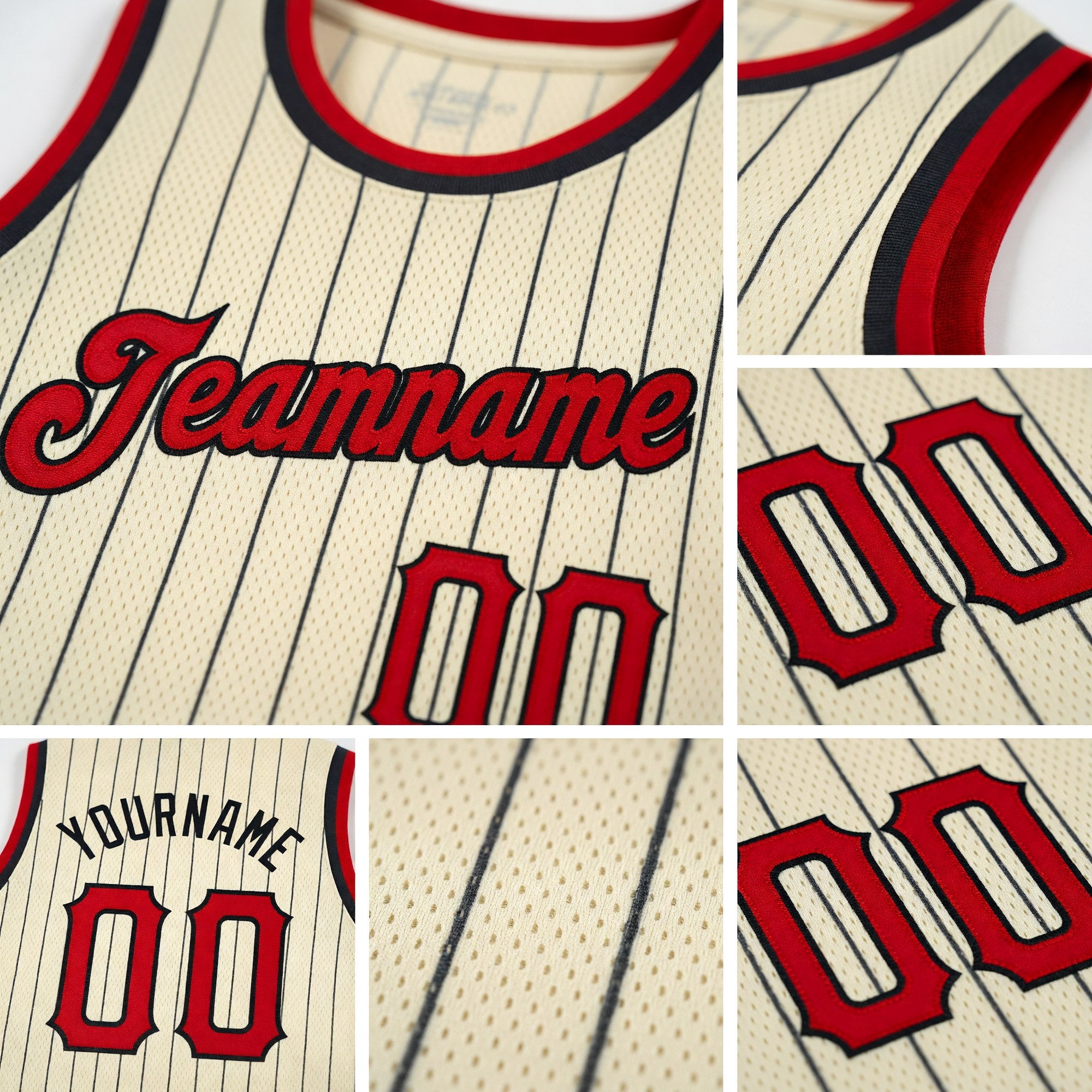 Custom Cream Black Pinstripe Red-Black Authentic Basketball Jersey detail