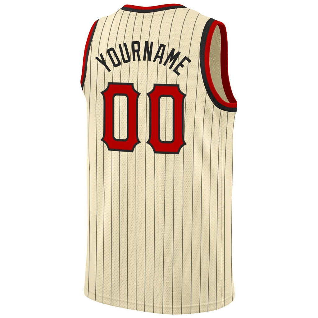 Custom Cream Black Pinstripe Red-Black Authentic Basketball Jersey photo 5