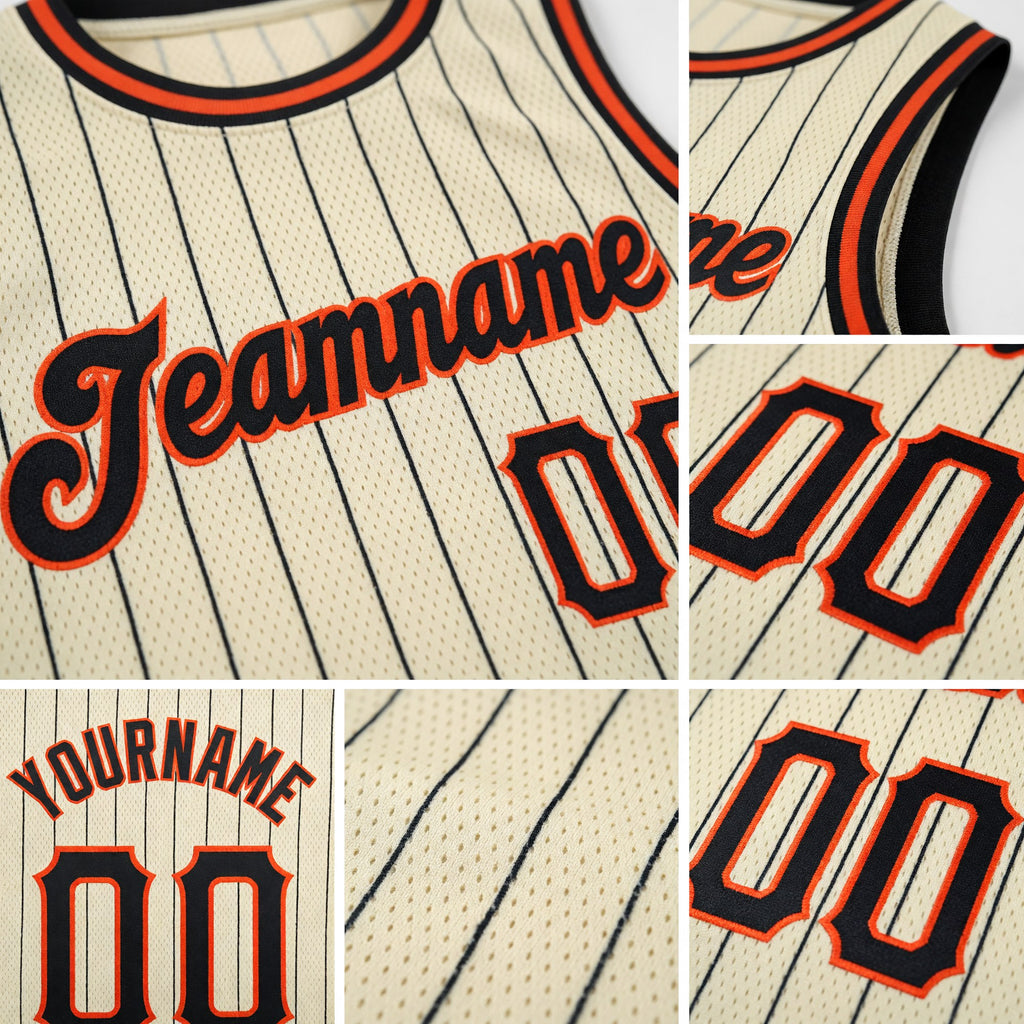 Custom Cream Black Pinstripe Black-Orange Authentic Basketball Jersey detail