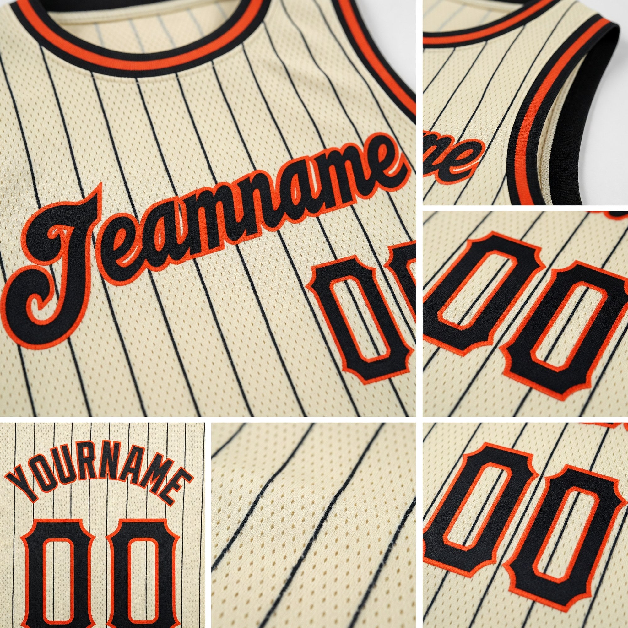 Custom Cream Black Pinstripe Black-Orange Authentic Basketball Jersey detail