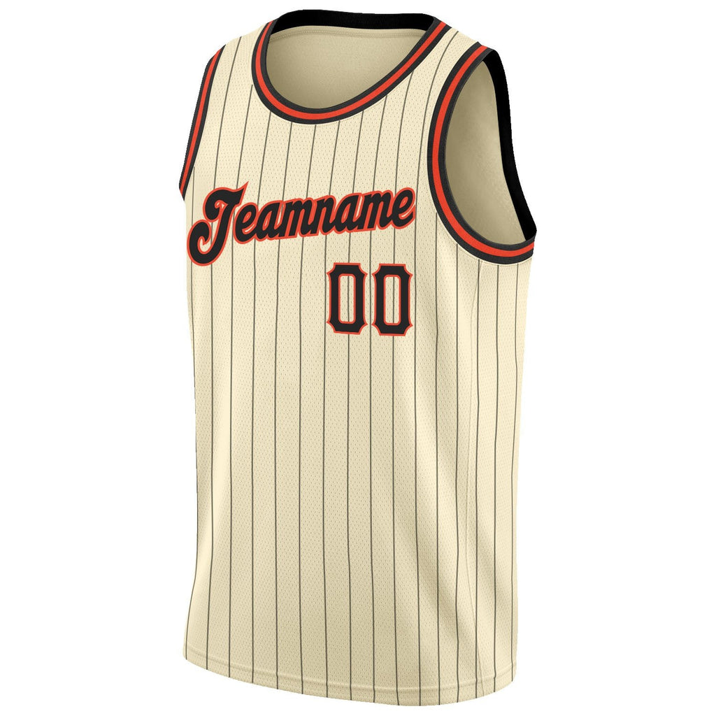 Custom Cream Black Pinstripe Black-Orange Authentic Basketball Jersey photo 4
