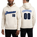 Custom Stitched Cream Black-Blue Sports Pullover Sweatshirt Hoodie worn front and back