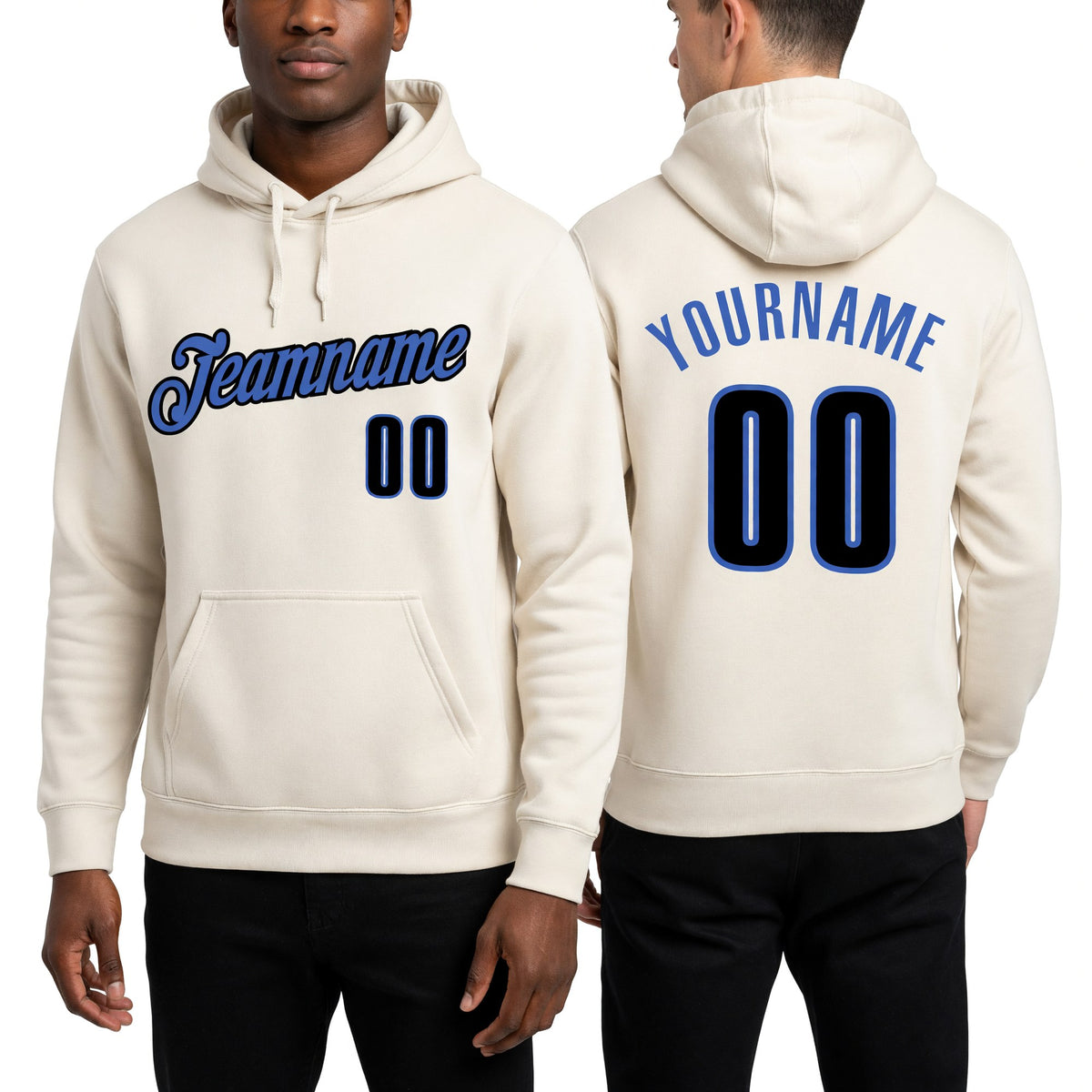 Custom Stitched Cream Black-Blue Sports Pullover Sweatshirt Hoodie worn front and back