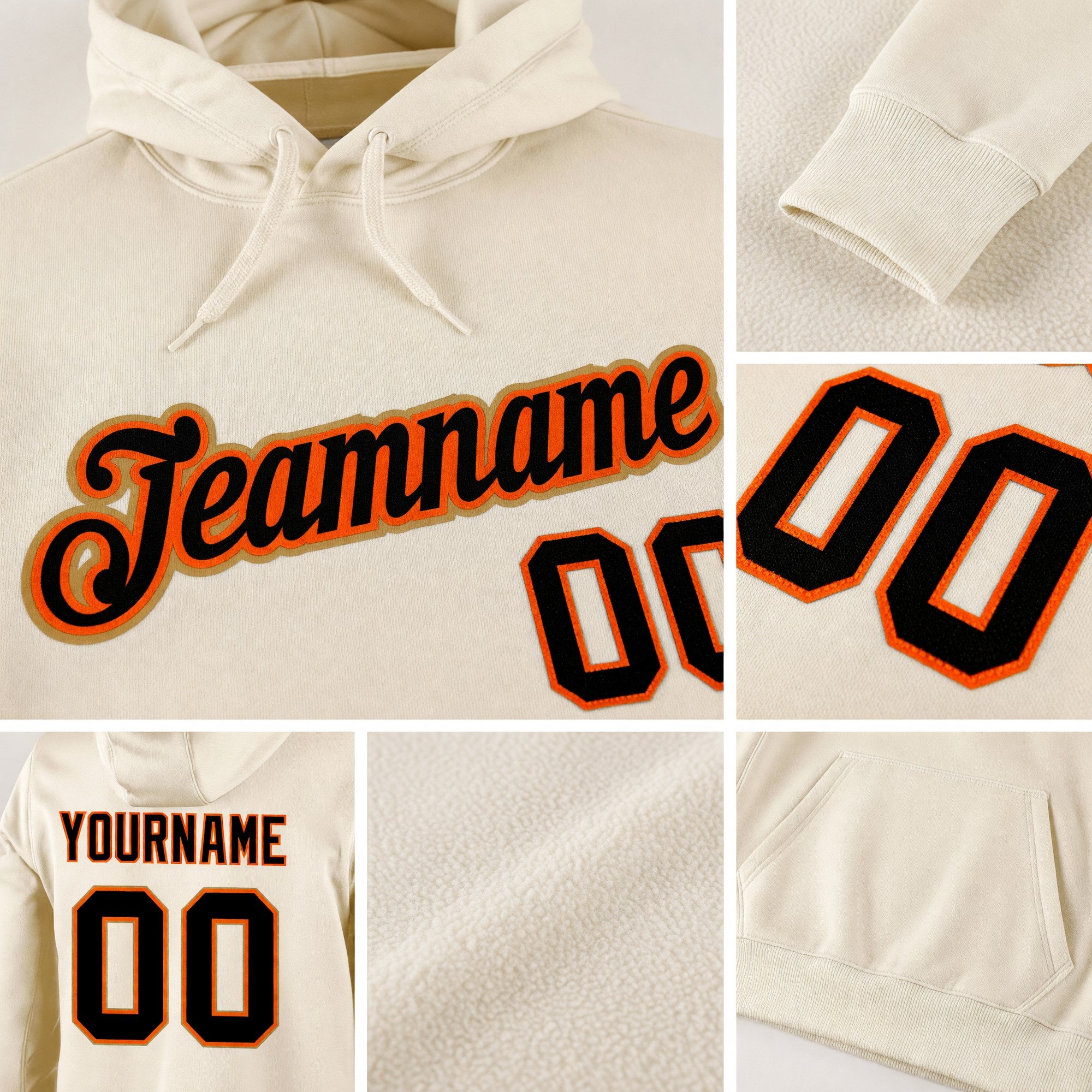 Custom Stitched Cream Black-Orange Sports Pullover Sweatshirt Hoodie detail
