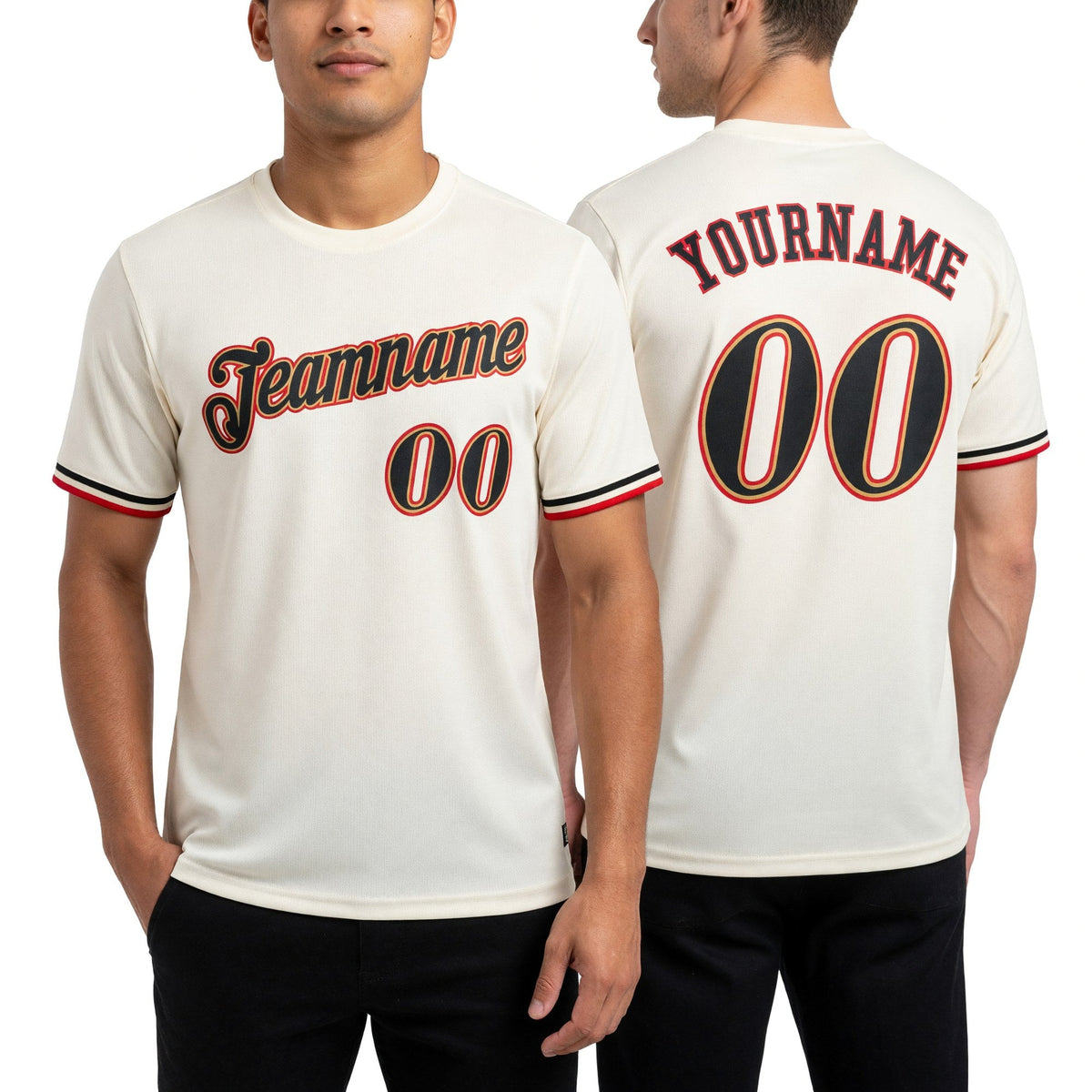 Custom Cream Black-Old Gold Performance T-Shirt worn front and back