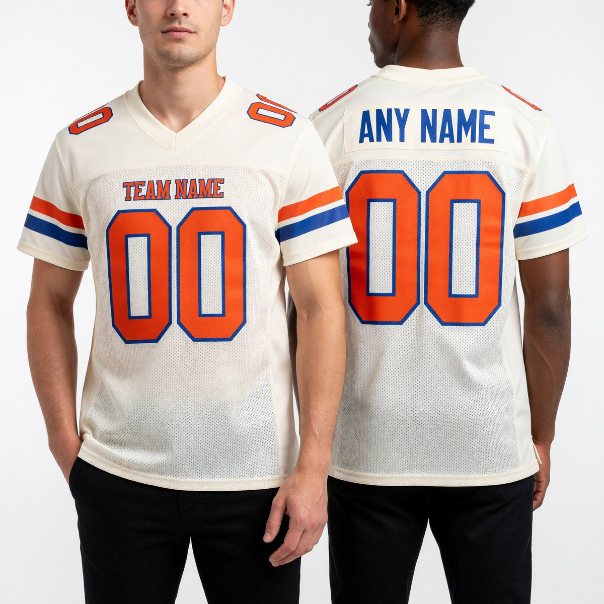 Custom Cream Orang-Royal Mesh Authentic Football Jersey worn front and back