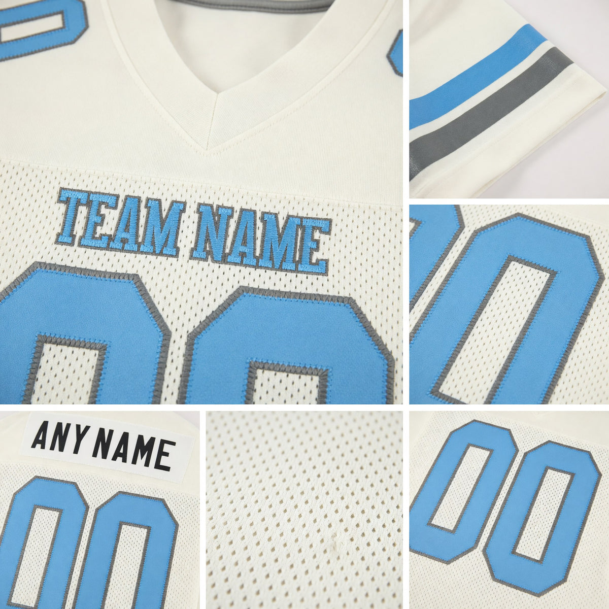 Custom Cream Light Blue-Steel Gray Mesh Authentic Football Jersey detail