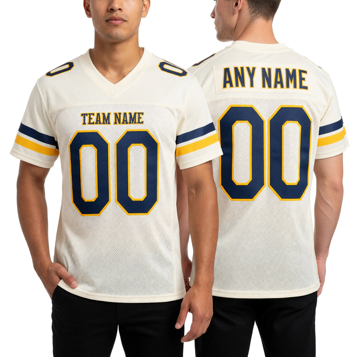 Custom Cream Navy-Gold Mesh Authentic Football Jersey worn front and back