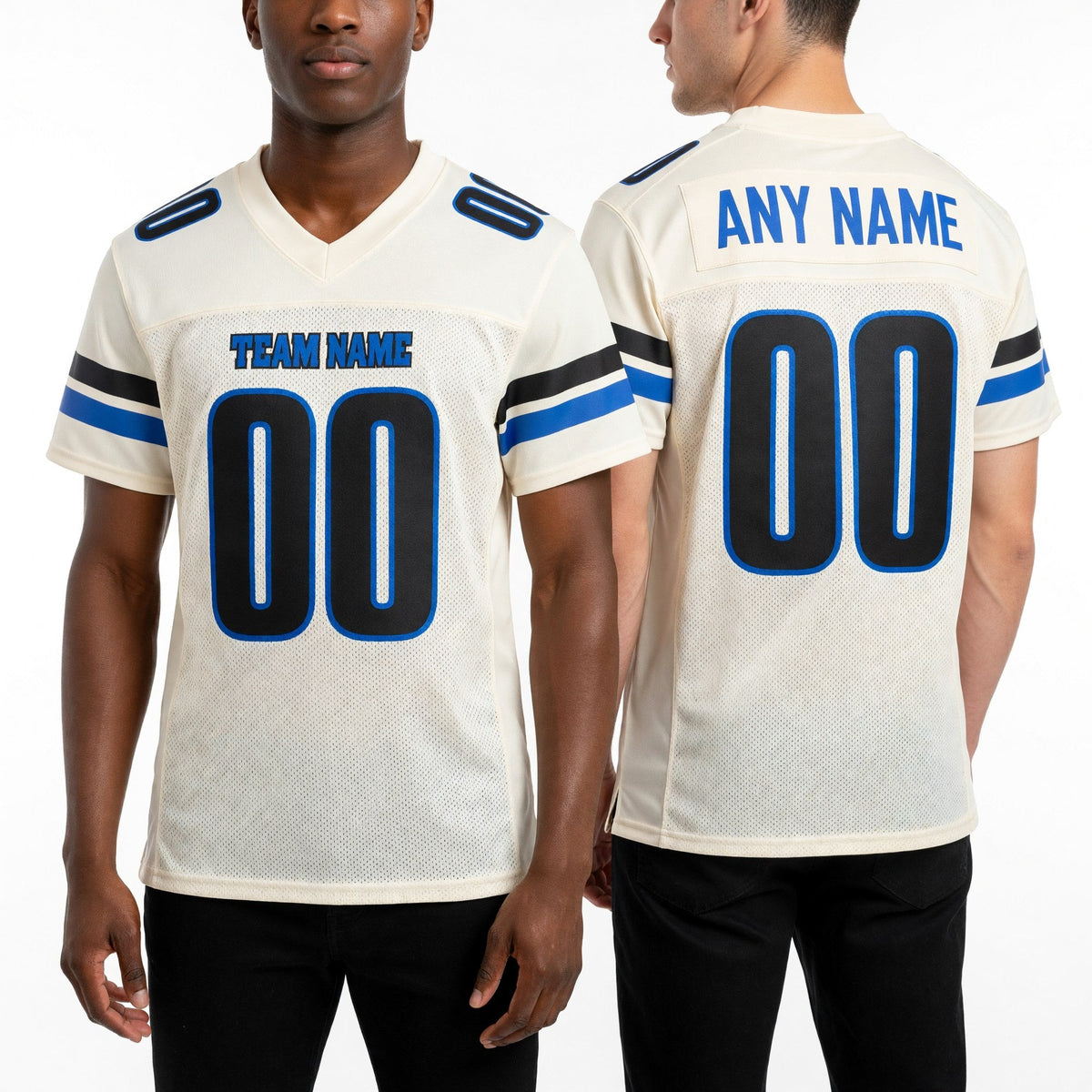 Custom Cream Blue-Black Mesh Authentic Football Jersey worn front and back