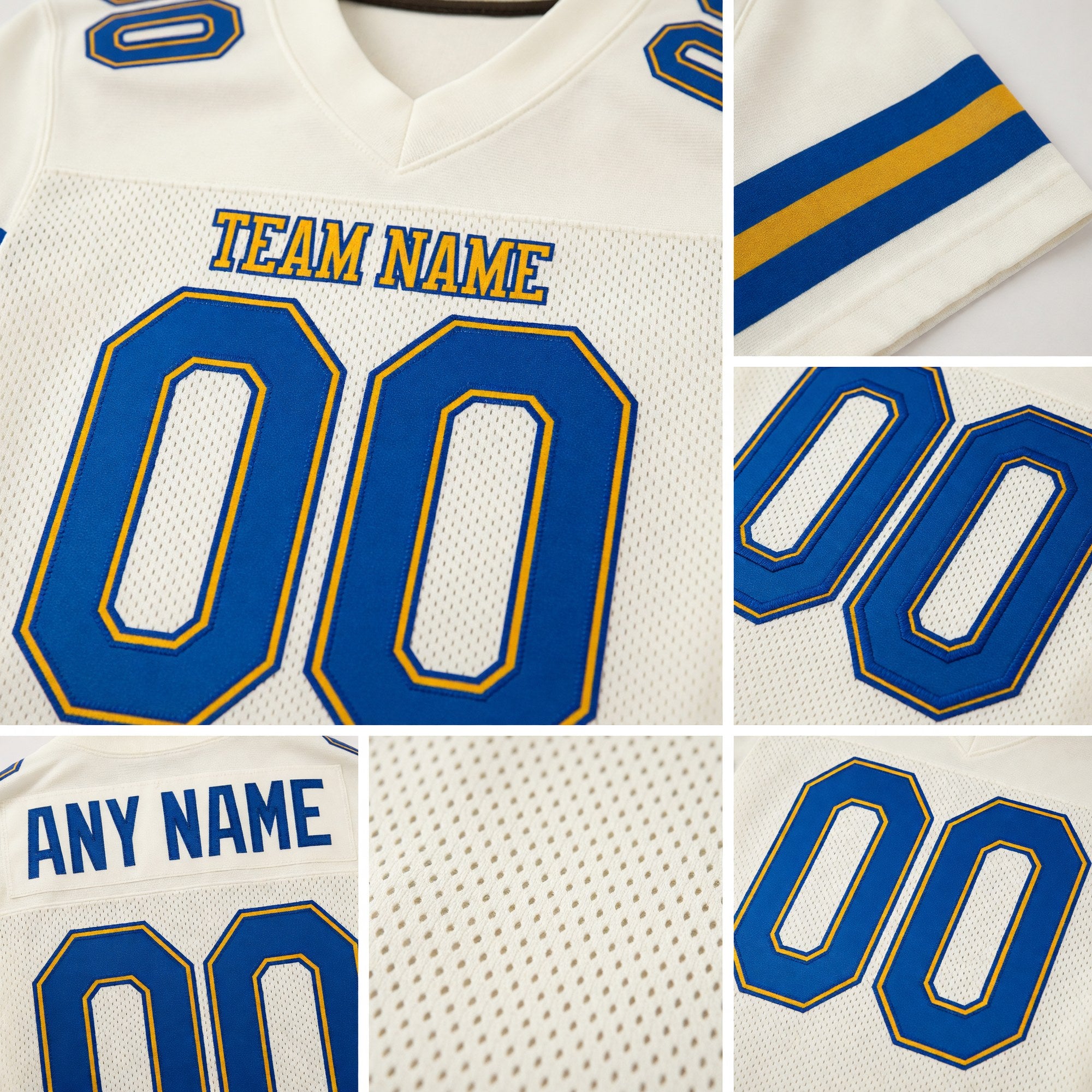 Custom Cream Royal-Gold Mesh Authentic Football Jersey detail