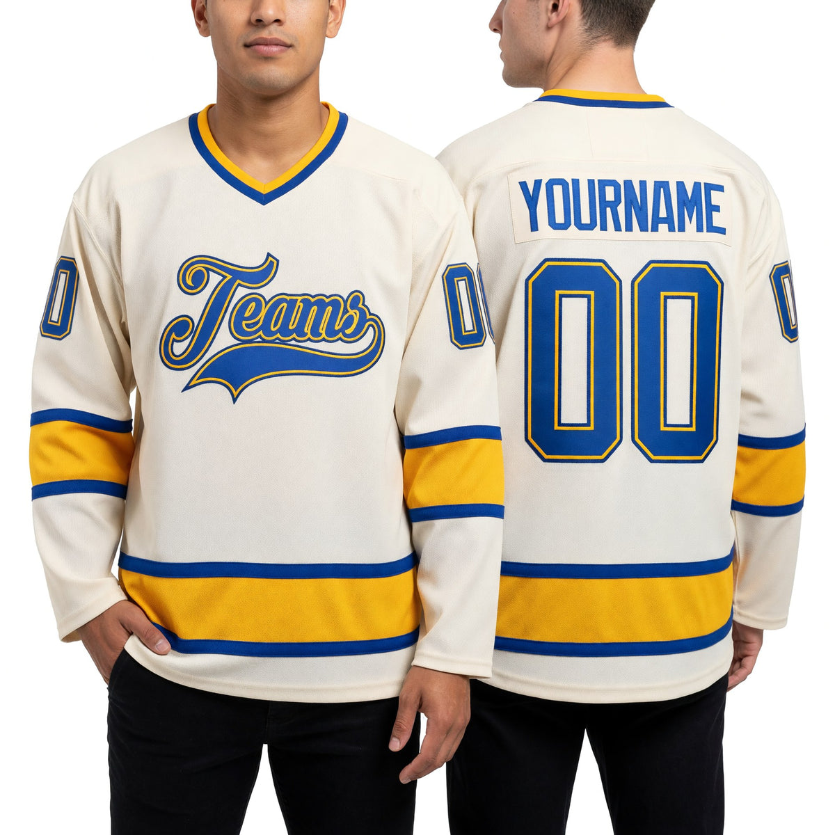 Custom Cream Royal-Gold Hockey Jersey worn front and back
