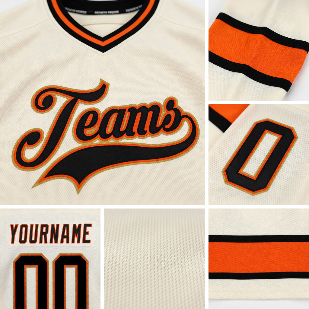 Custom Cream Black-Orange Hockey Jersey detail